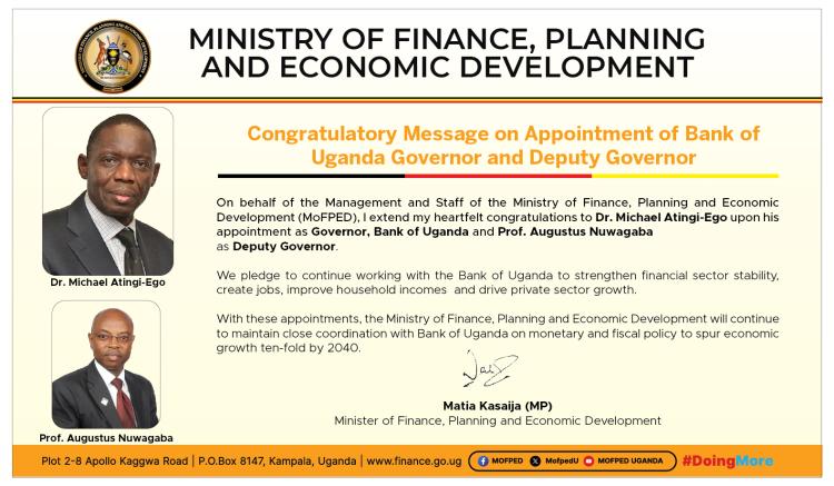 Congratulatory Message on Appointment of Bank Uganda Governor and Deputy Governor