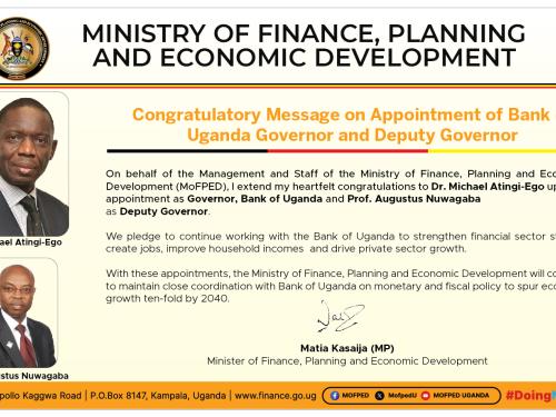 Congratulatory Message on Appointment of Bank Uganda Governor and Deputy Governor