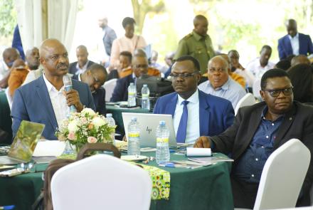 The Minister for Justice and Constitution Affairs Hon. Nobert Mao, PSST Mr. Ramathan Ggoobi and the Managing Director NSSF Mr. Patrick Ayota on the two day 2nd Uganda Development Forum Annual Conference at Chobe Safari Lodge